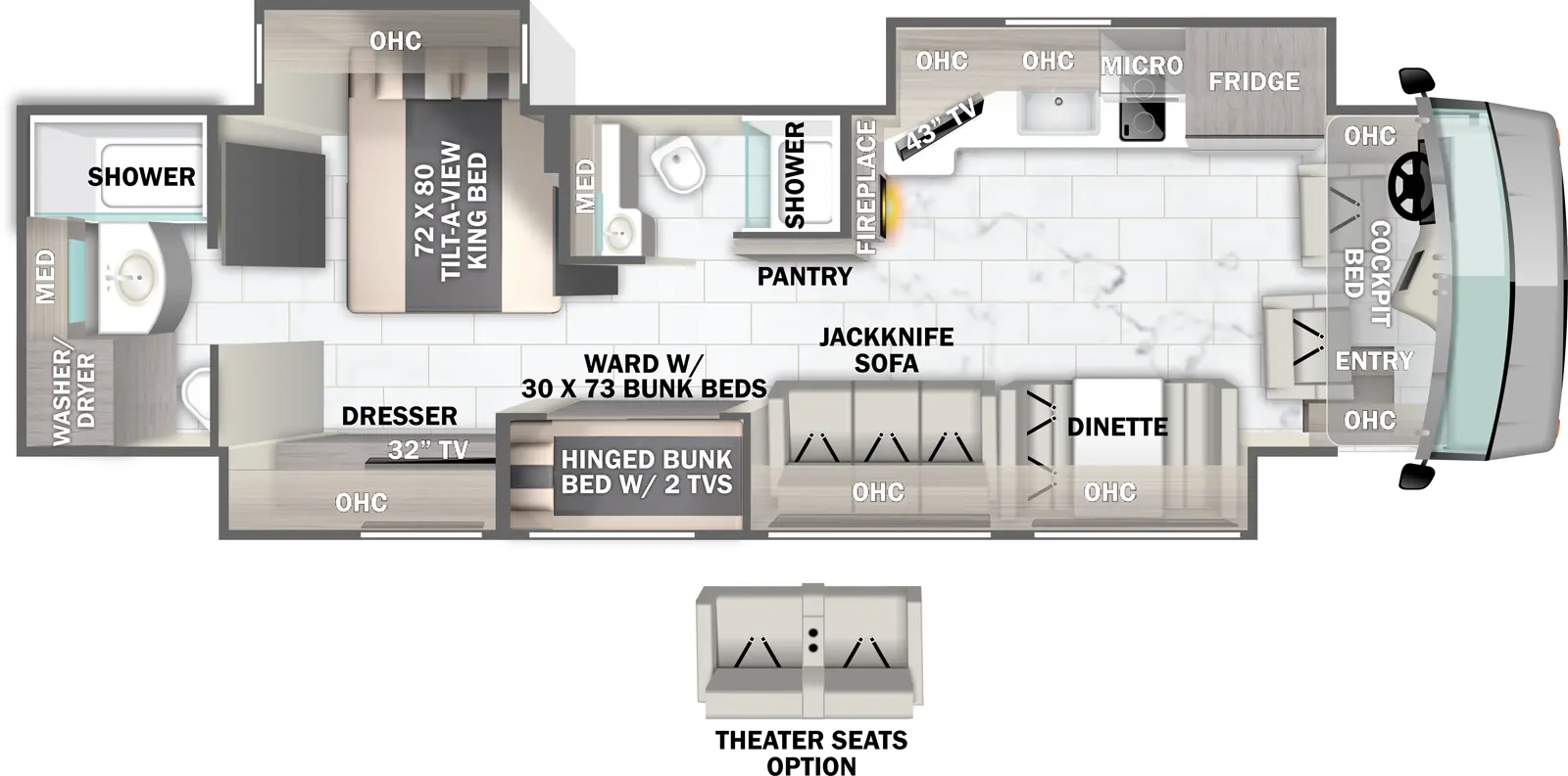 The Berkshire XL 40E floorplan has one entry and three slide outs. Exterior features include: 18' & 56" Door Awning awning and outside entertainment. Interiors features include: bunk beds, rear bathroom, two full bathrooms, bunk over cab and dinette.